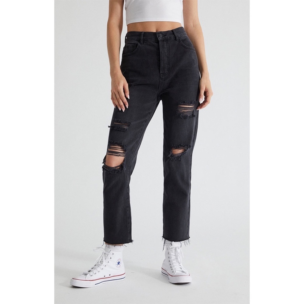 PacSun High Rise Straight Black Denim Jeans Distressed High Waist Ankle